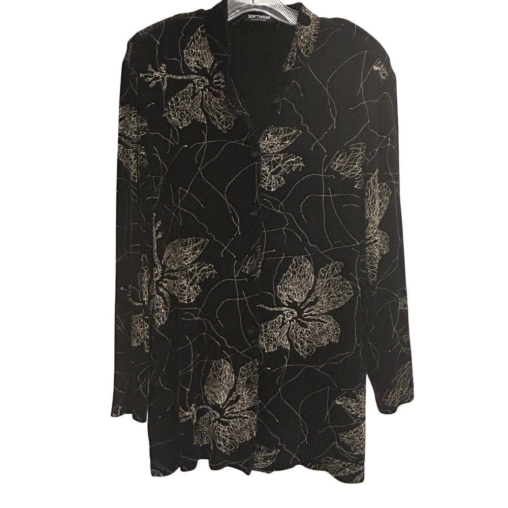 SOFTWEAR by‎ Mark Singer Black Glitter Floral Print Button Front Long Sleeve Top